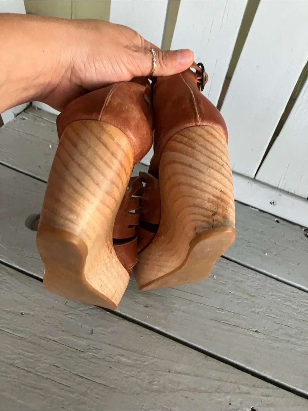 COCLICO Soft Brown Leather Strappy Wedge Sandals Wood Clog